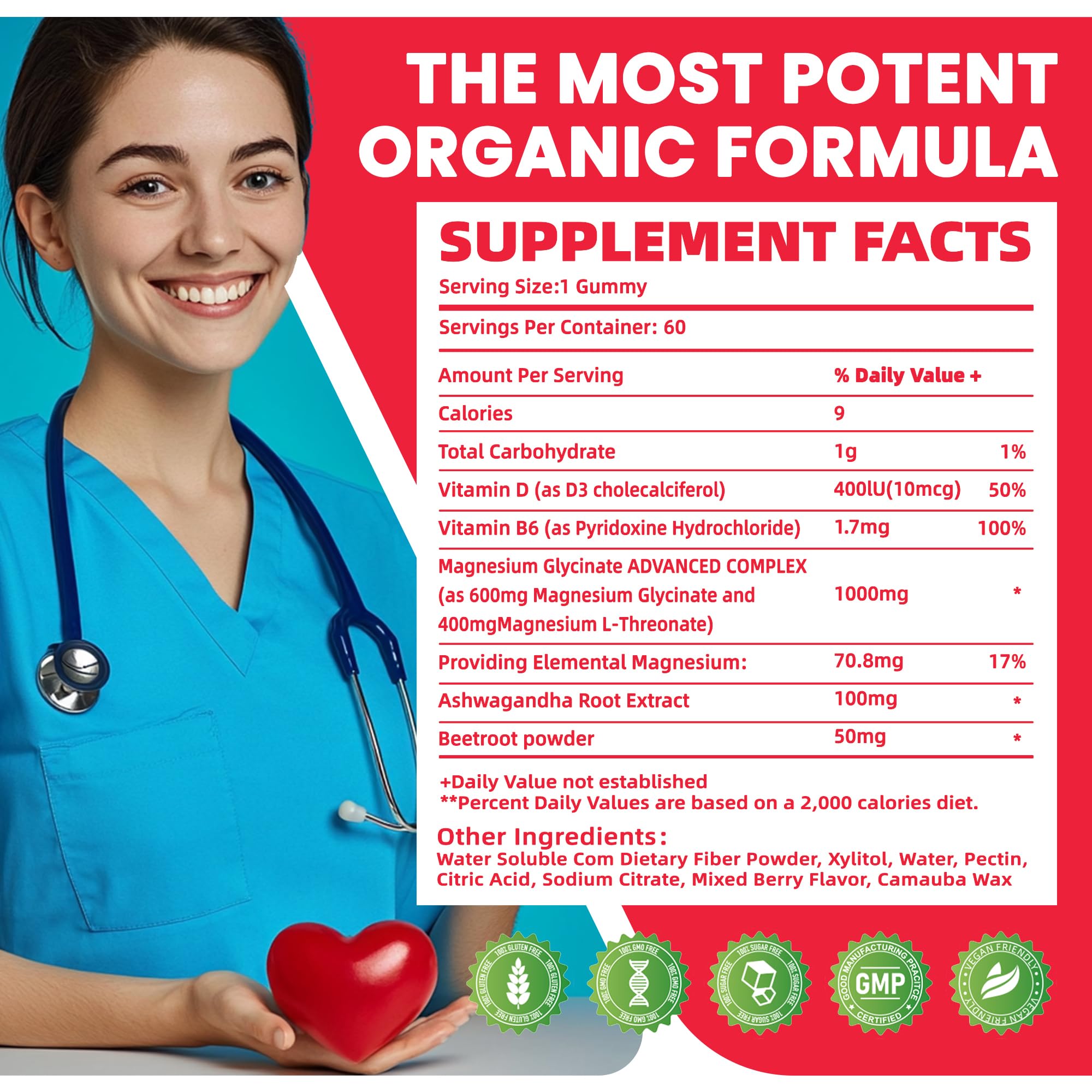 NUTRAGOGO Ashwagandha Gummies label notes gluten-free and sugar-free options.