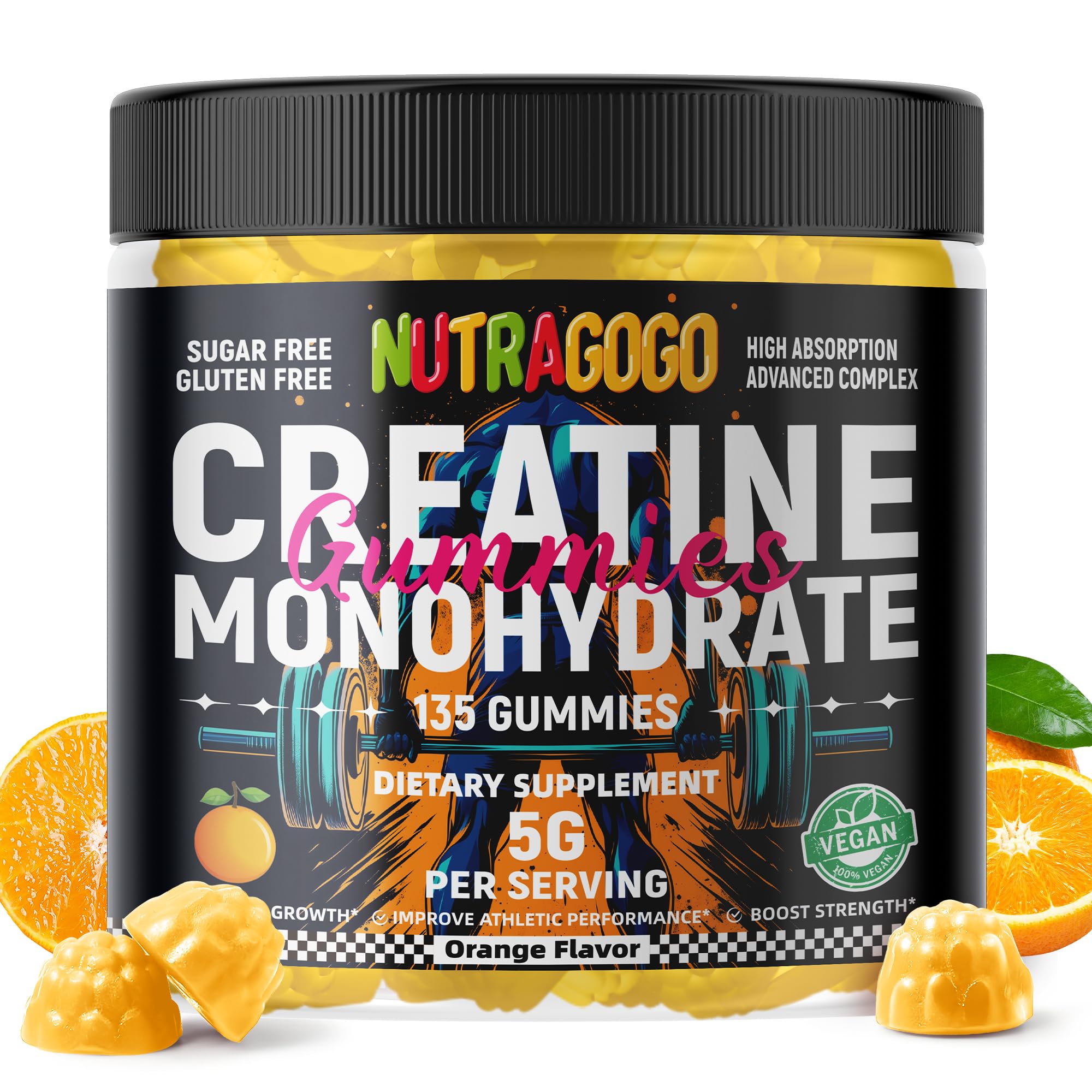 Gummies with clear label illustrating creatine monohydrate serving details.