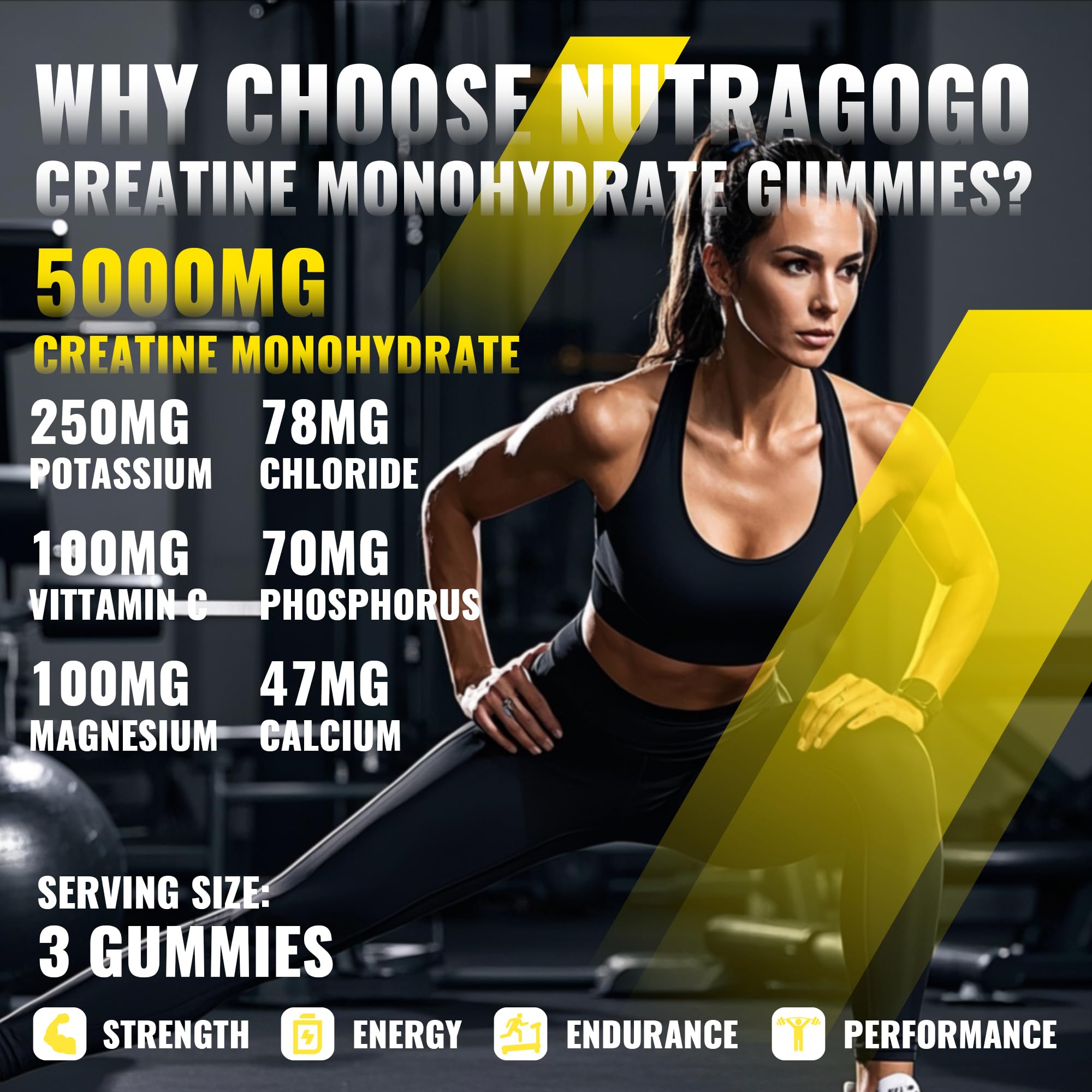 NUTRAGOGO Creatine Gummies three-gummy serving highlights easy daily intake for training