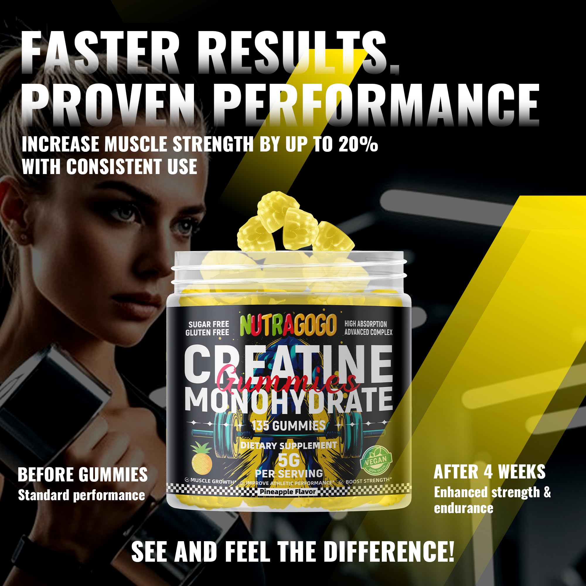 NUTRAGOGO Creatine Gummies bottle on shelf reinforces GMP-certified production claim