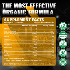 Three gummies on display showing 5g creatine per serving.