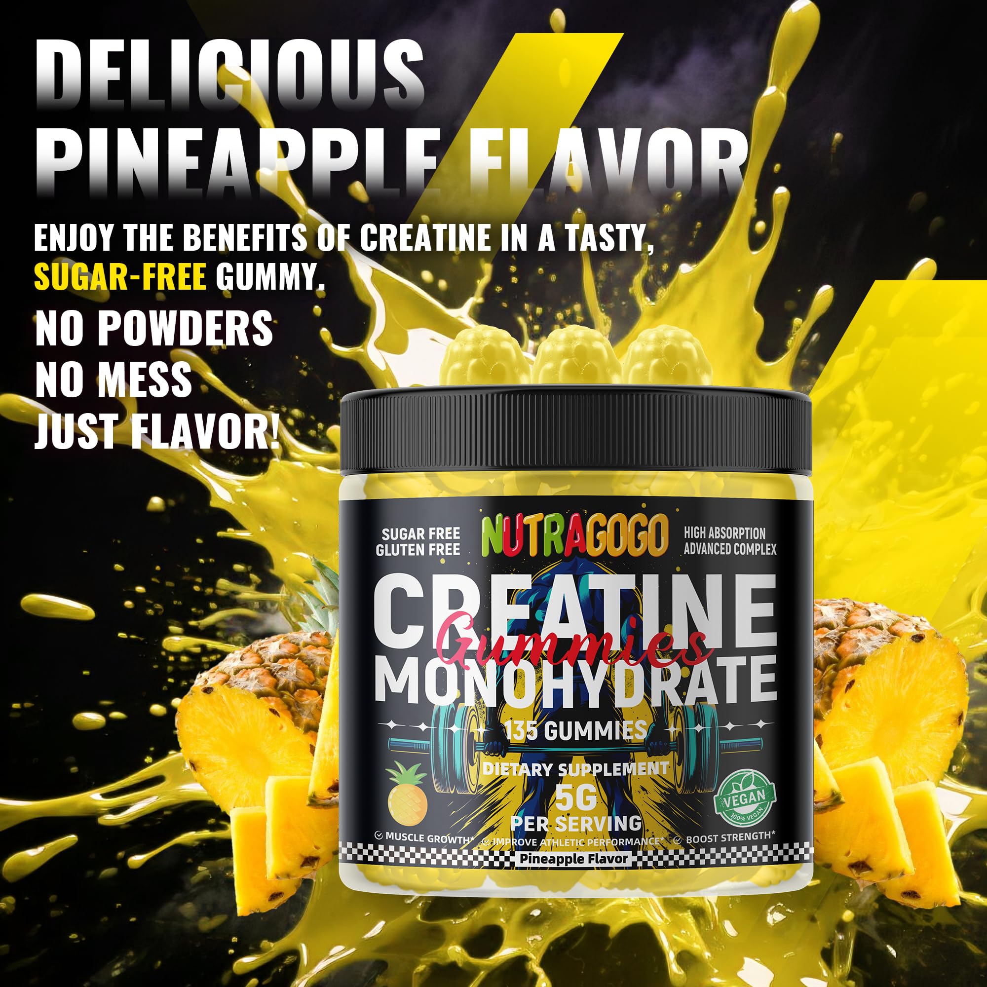 NUTRAGOGO Creatine Gummies vegan badge indicates gelatin-free plant-based formula