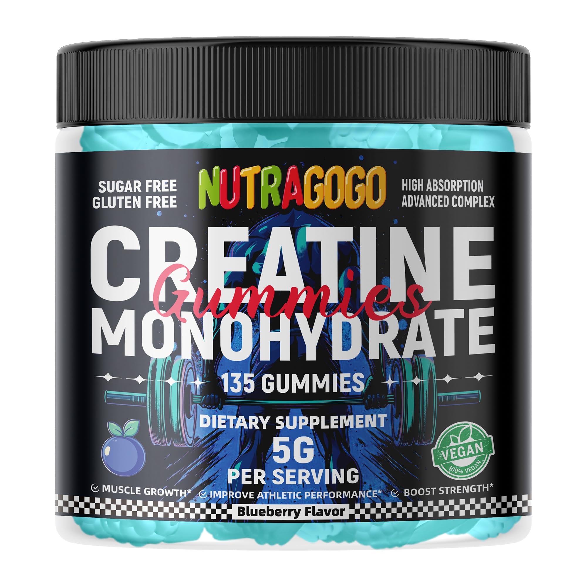 Blueberry electrolyte flavor and gummies shown as a tasty workout companion.