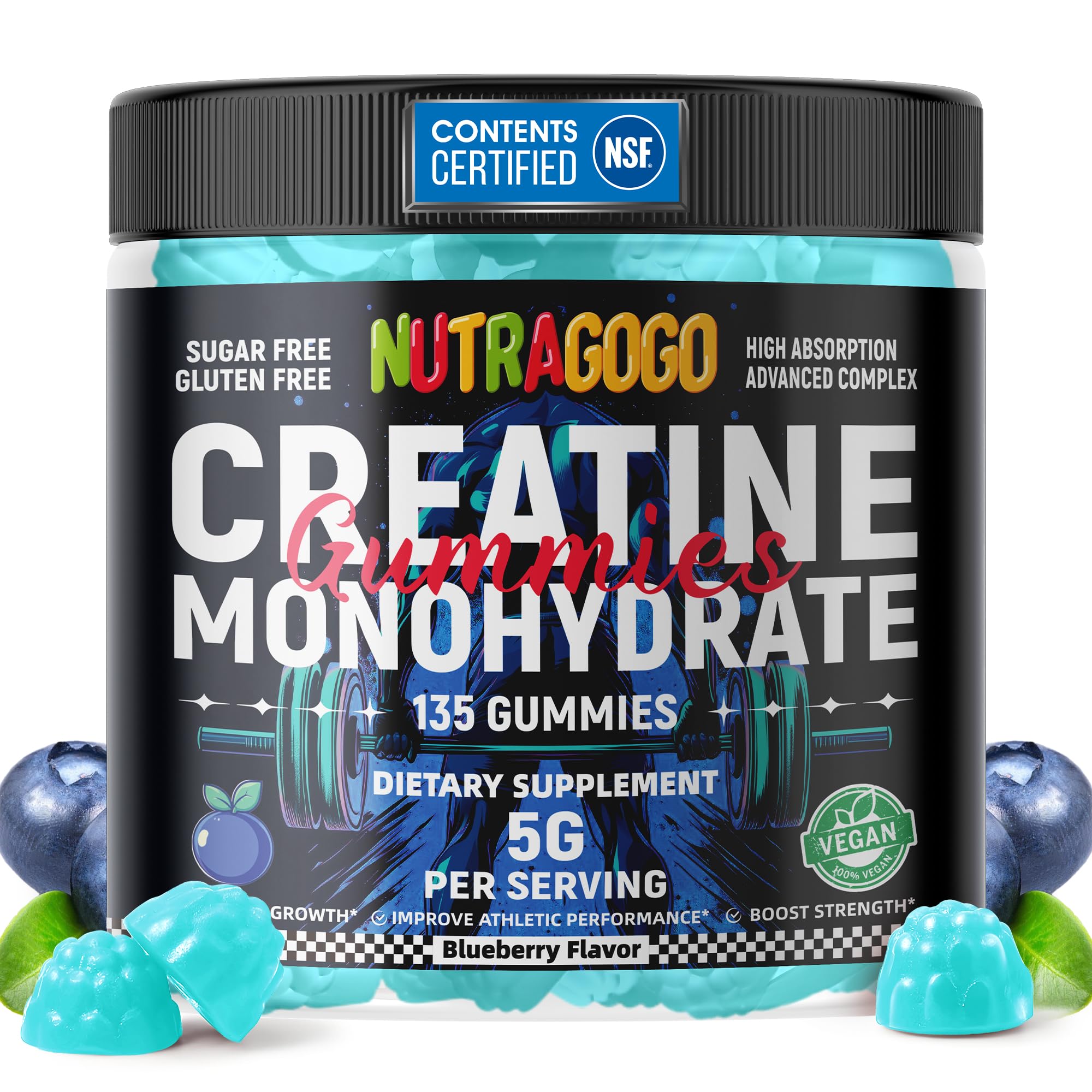 NUTRAGOGO creatine gummy bottle front shows vegan, sugar-free formula for athletes.