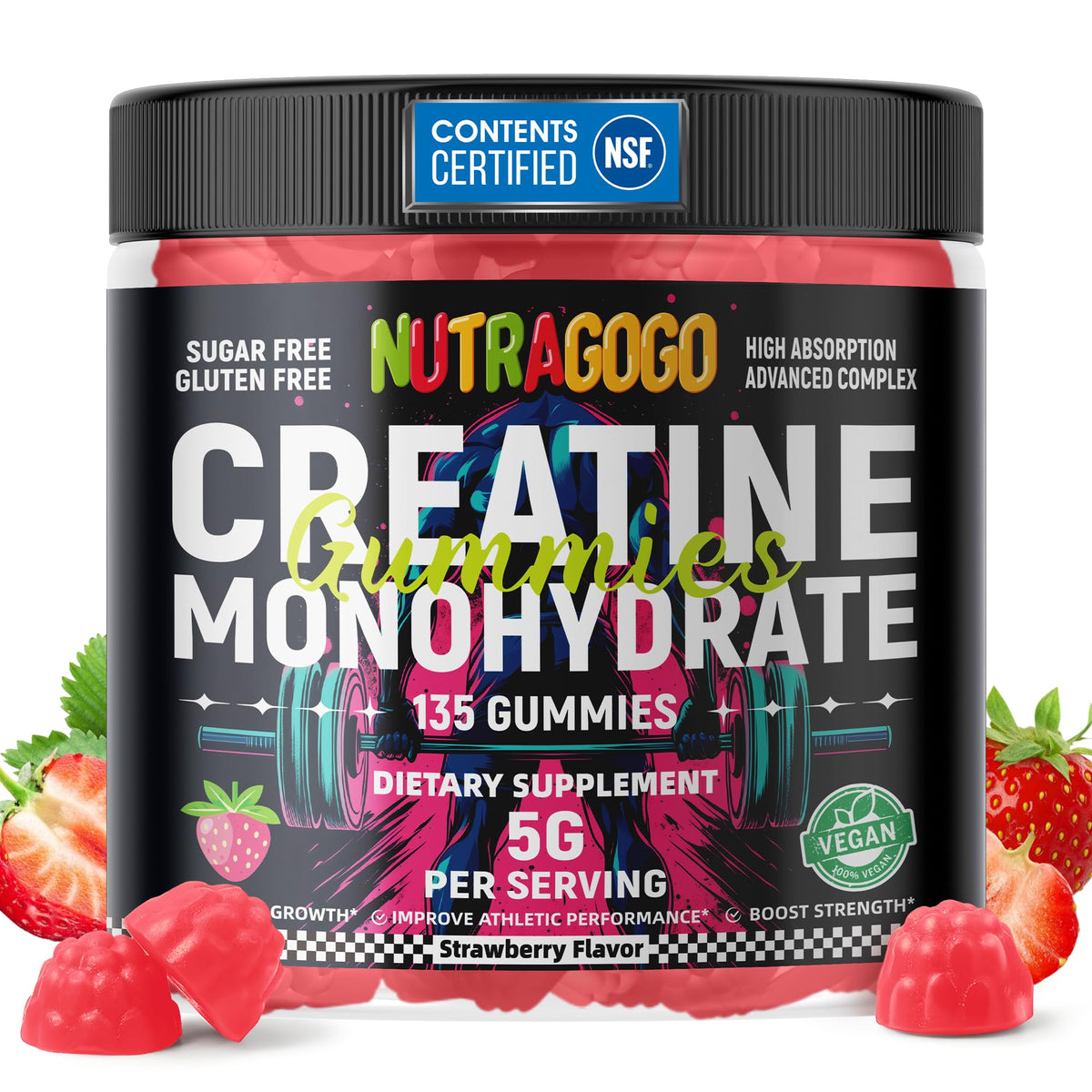 NUTRAGOGO Creatine gummy bottle shows 5g per serving for on-the-go support