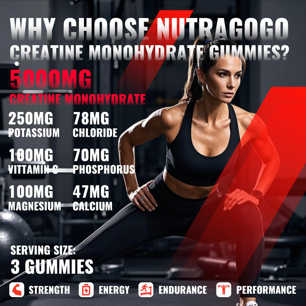 NUTRAGOGO Creatine gummy close-up highlights strawberry electrolyte flavor and sugar-free formula
