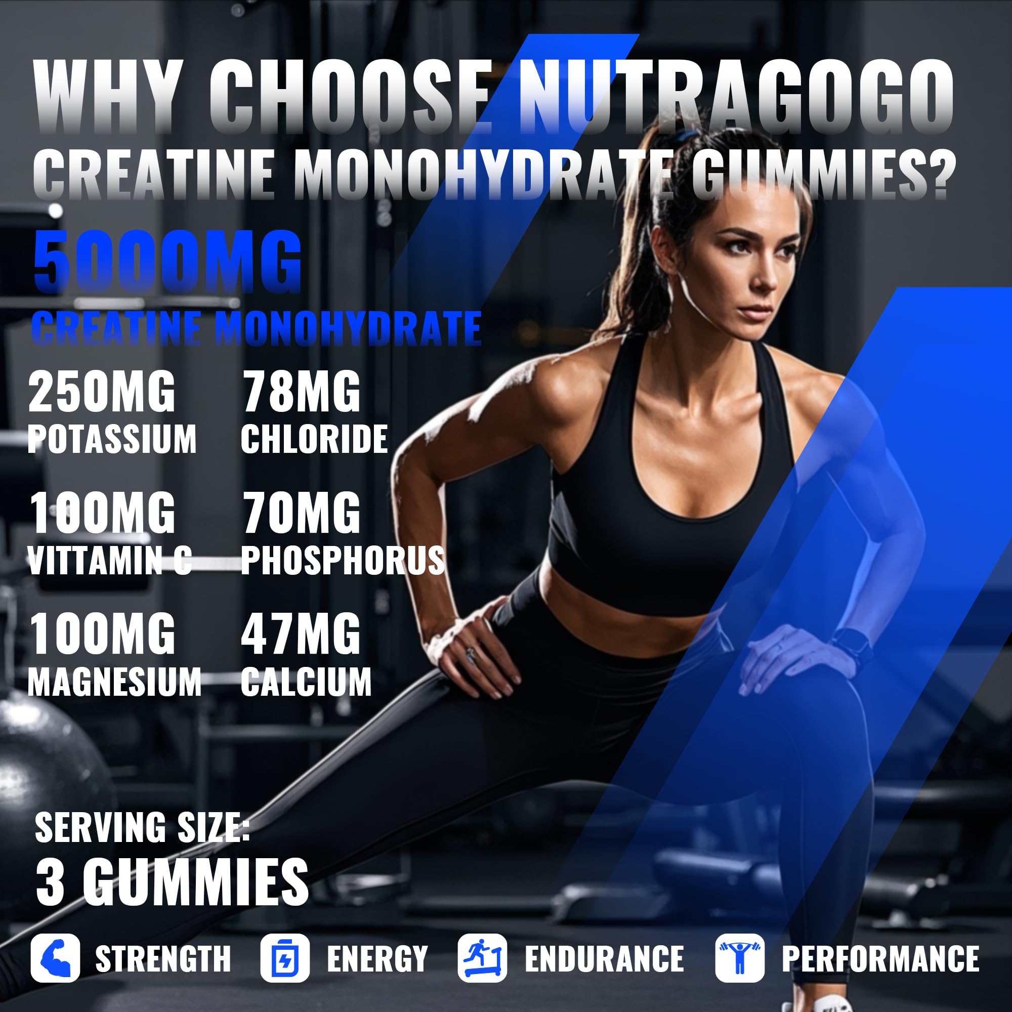 NUTRAGOGO creatine gummy label close-up highlights 5g per serving.