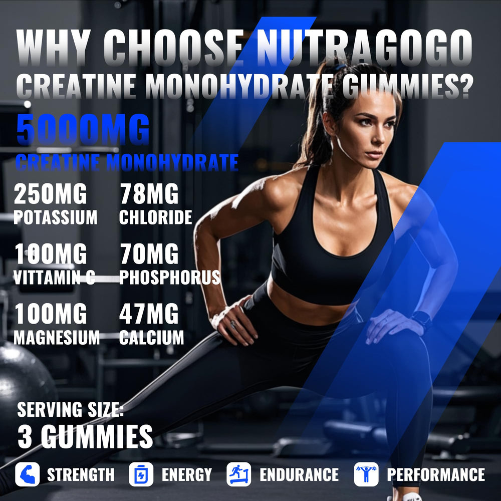 NUTRAGOGO creatine gummy label close-up highlights 5g per serving.