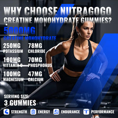 NUTRAGOGO creatine gummy label close-up highlights 5g per serving.