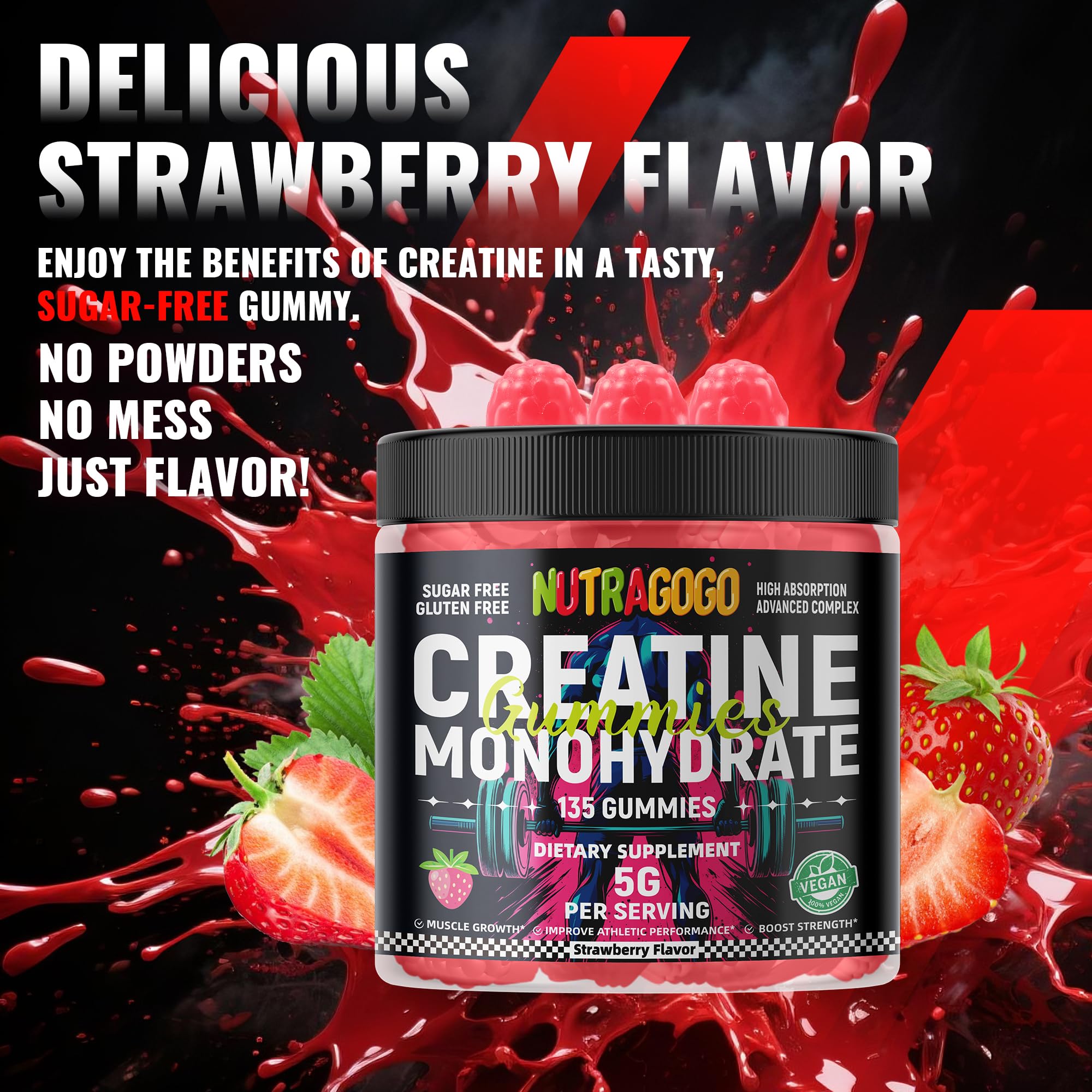 NUTRAGOGO Creatine gummy strawberry electrolyte close-up emphasizes vegan ingredients