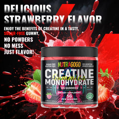 NUTRAGOGO Creatine gummy strawberry electrolyte close-up emphasizes vegan ingredients