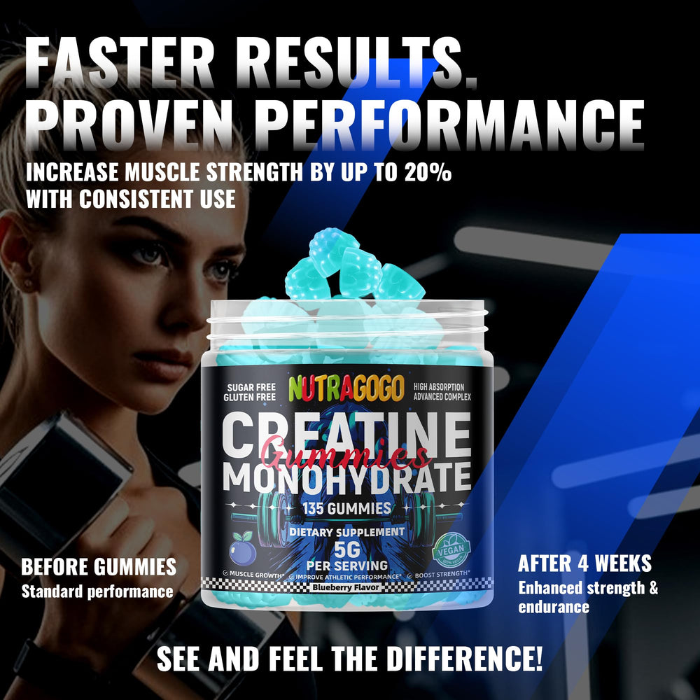 Sugar-free formula is highlighted on NUTRAGOGO creatine gummy packaging.