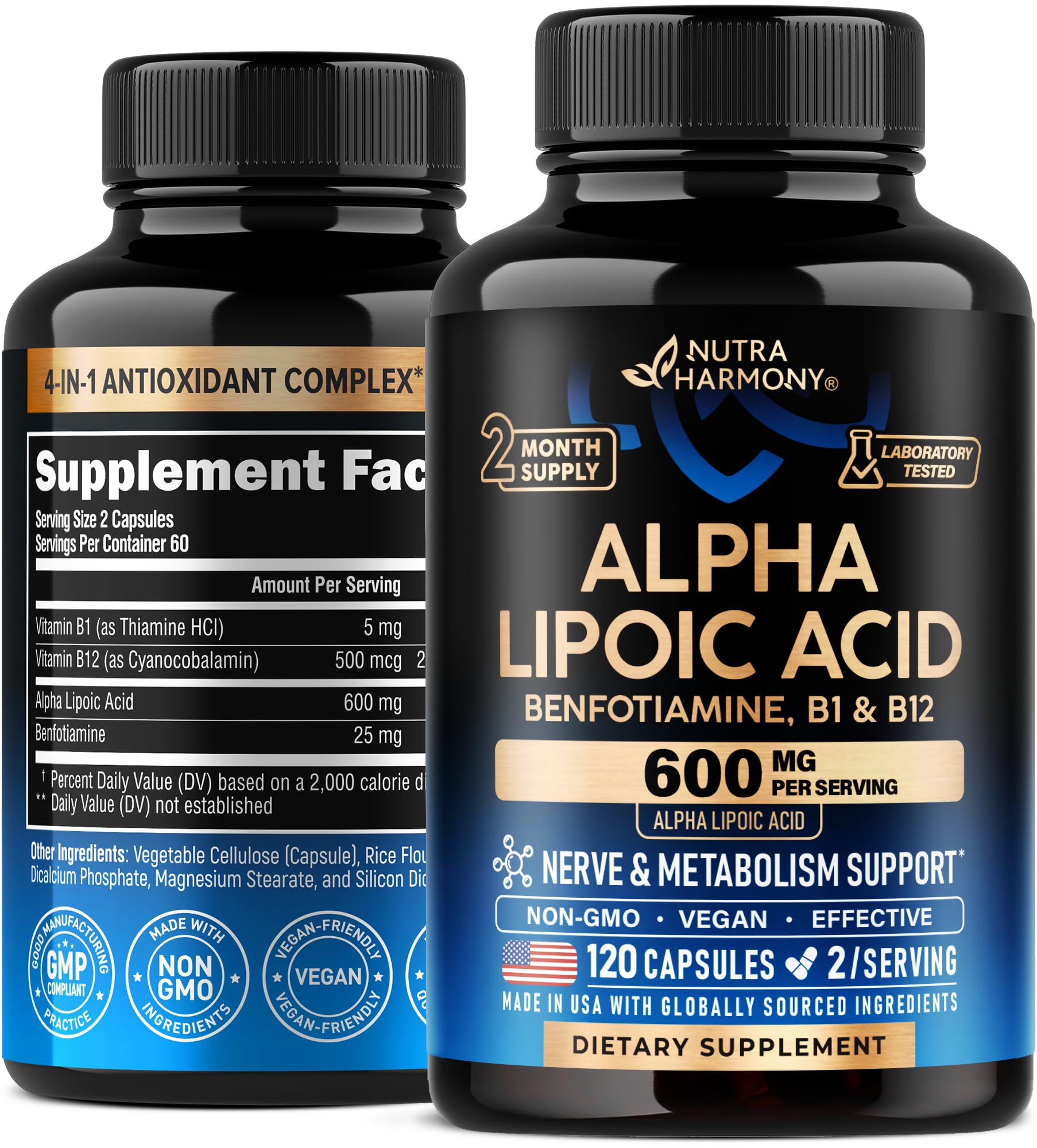 NUTRAHARMONY Alpha Lipoic Acid 600mg bottle supports daily antioxidant protection.