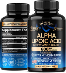 NUTRAHARMONY Alpha Lipoic Acid 600mg bottle supports daily antioxidant protection.