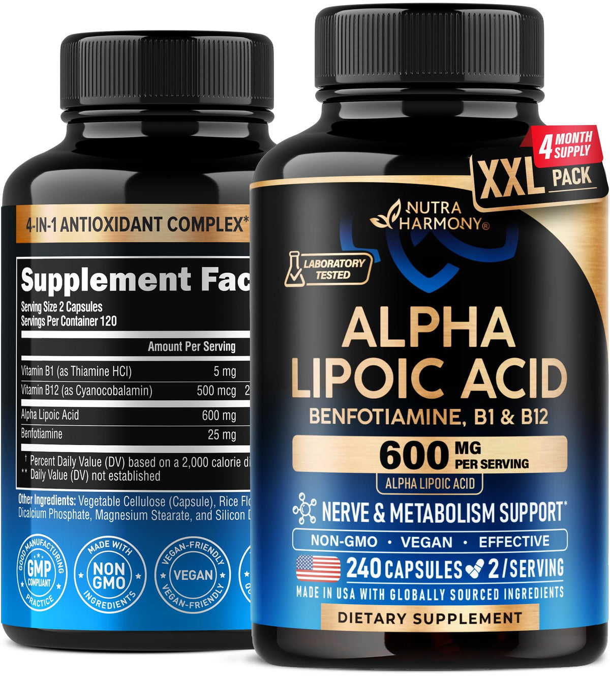 NUTRAHARMONY Alpha Lipoic Acid 600mg capsules close-up for antioxidant support.