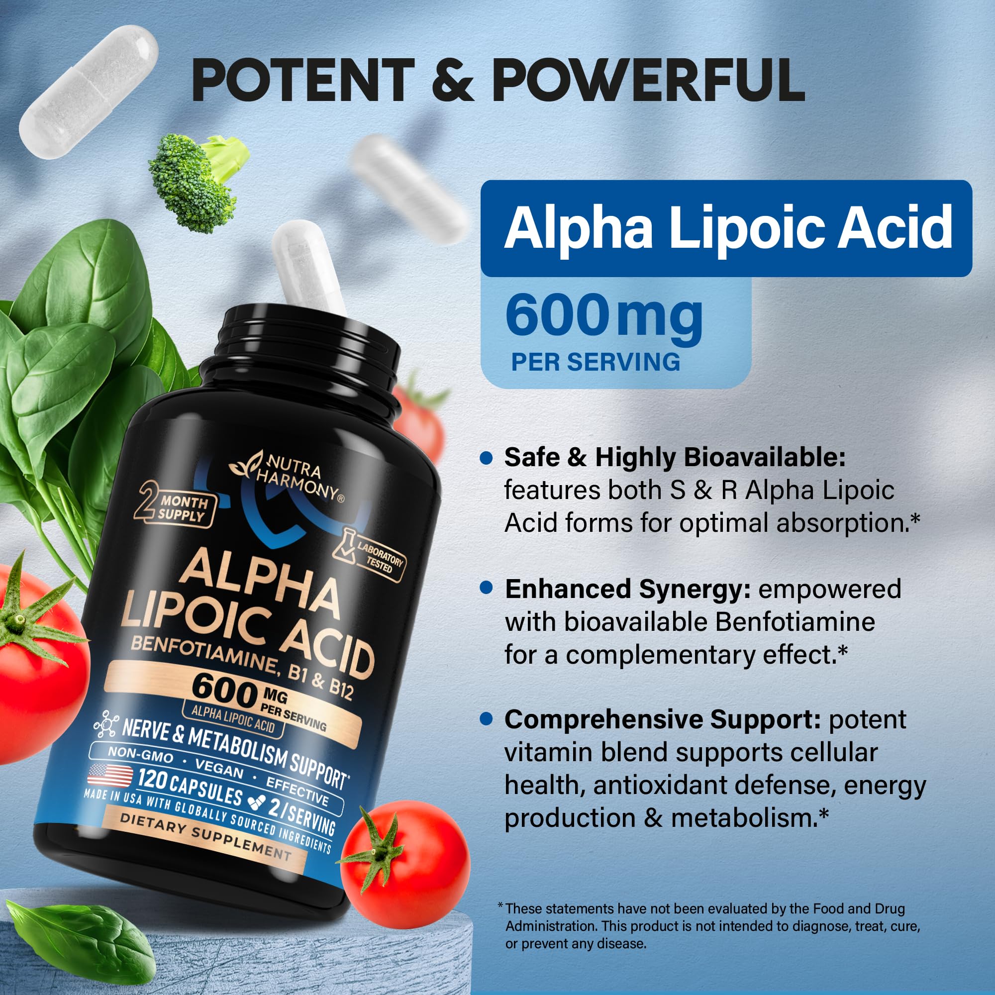 NUTRAHARMONY Alpha Lipoic Acid 600mg packaging box highlights blend.