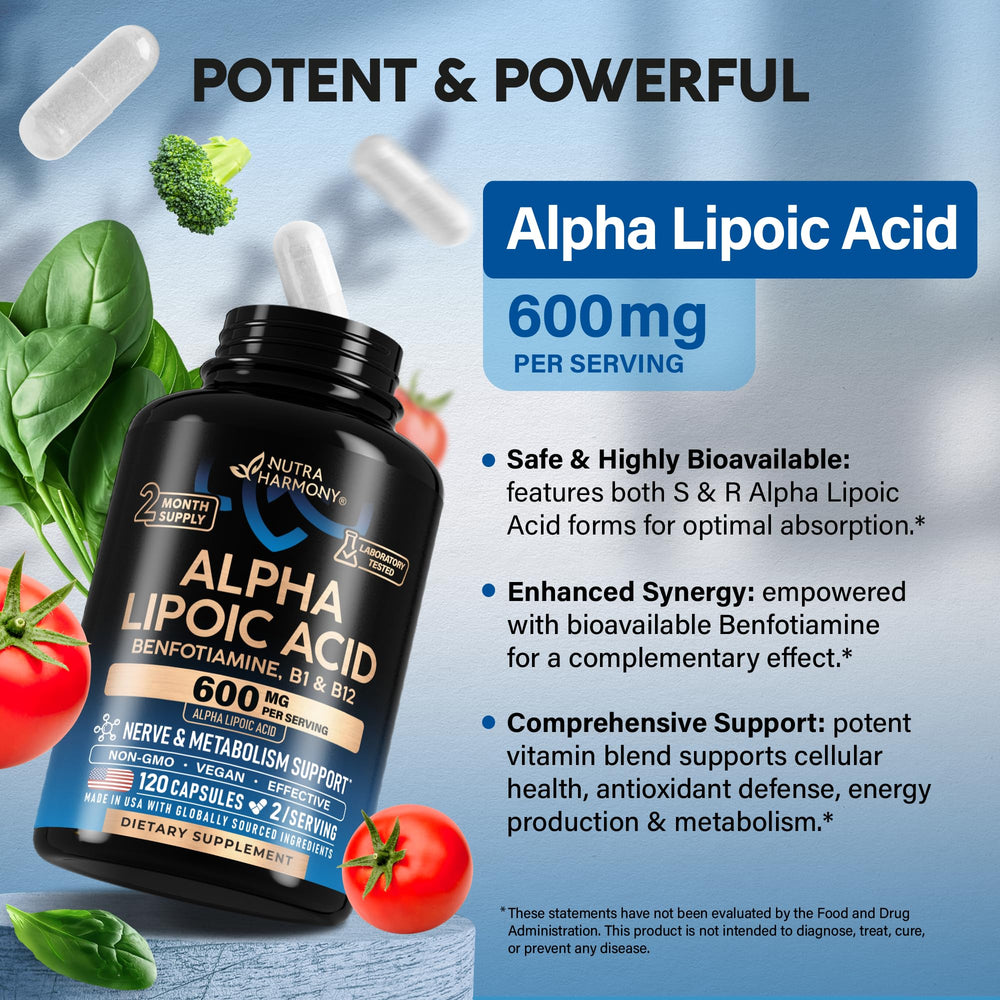 NUTRAHARMONY Alpha Lipoic Acid 600mg packaging box highlights blend.