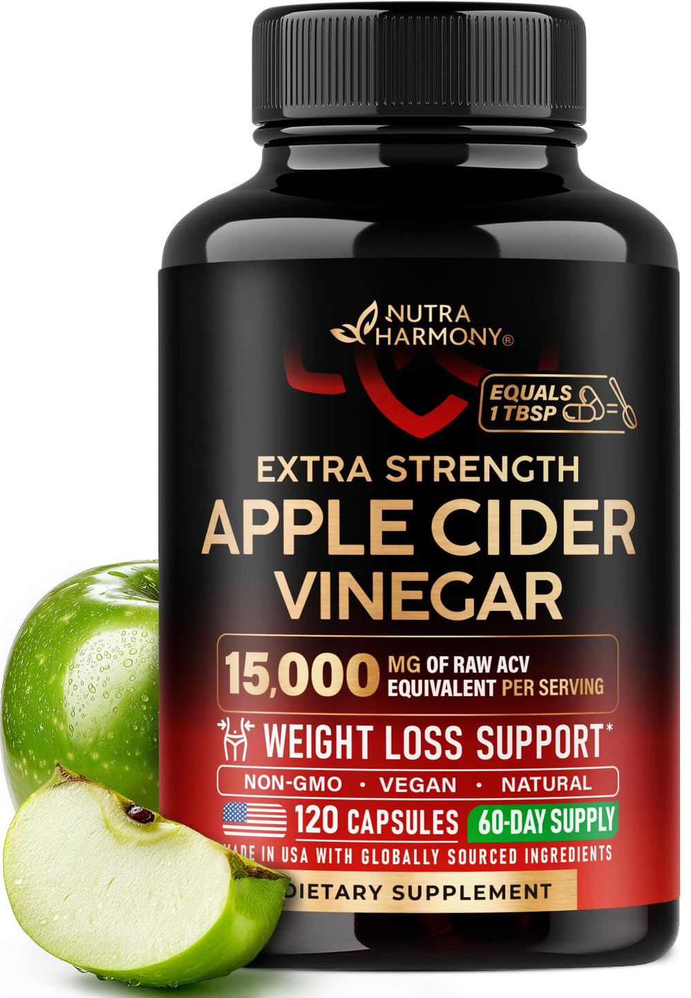 NutraHarmony Apple Cider Vinegar Capsules bottle with high-potency formula.