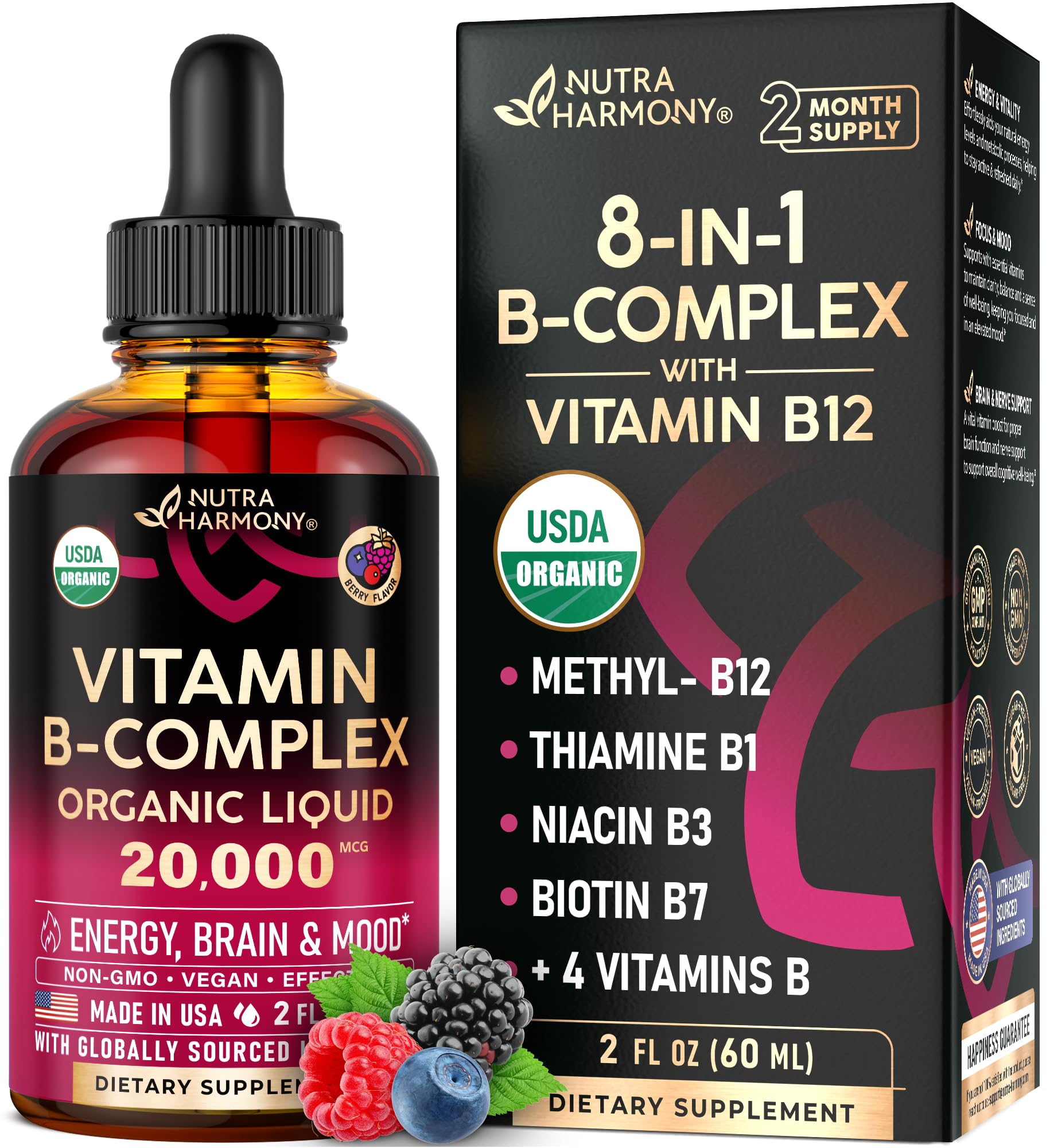 NutraHarmony B Complex Drops bottle front highlights energy-supporting organic blend