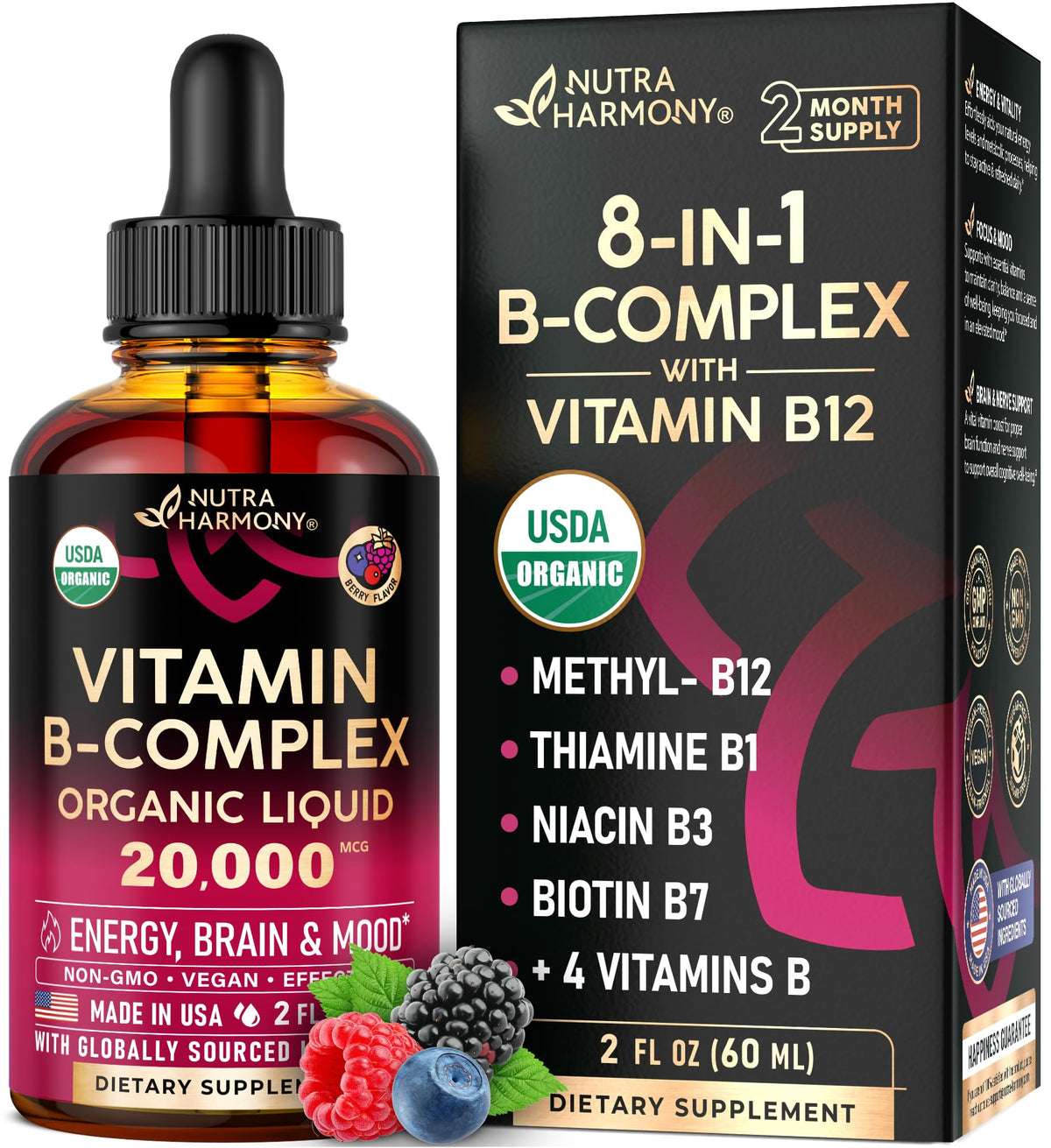 NutraHarmony B Complex Drops bottle front highlights energy-supporting organic blend