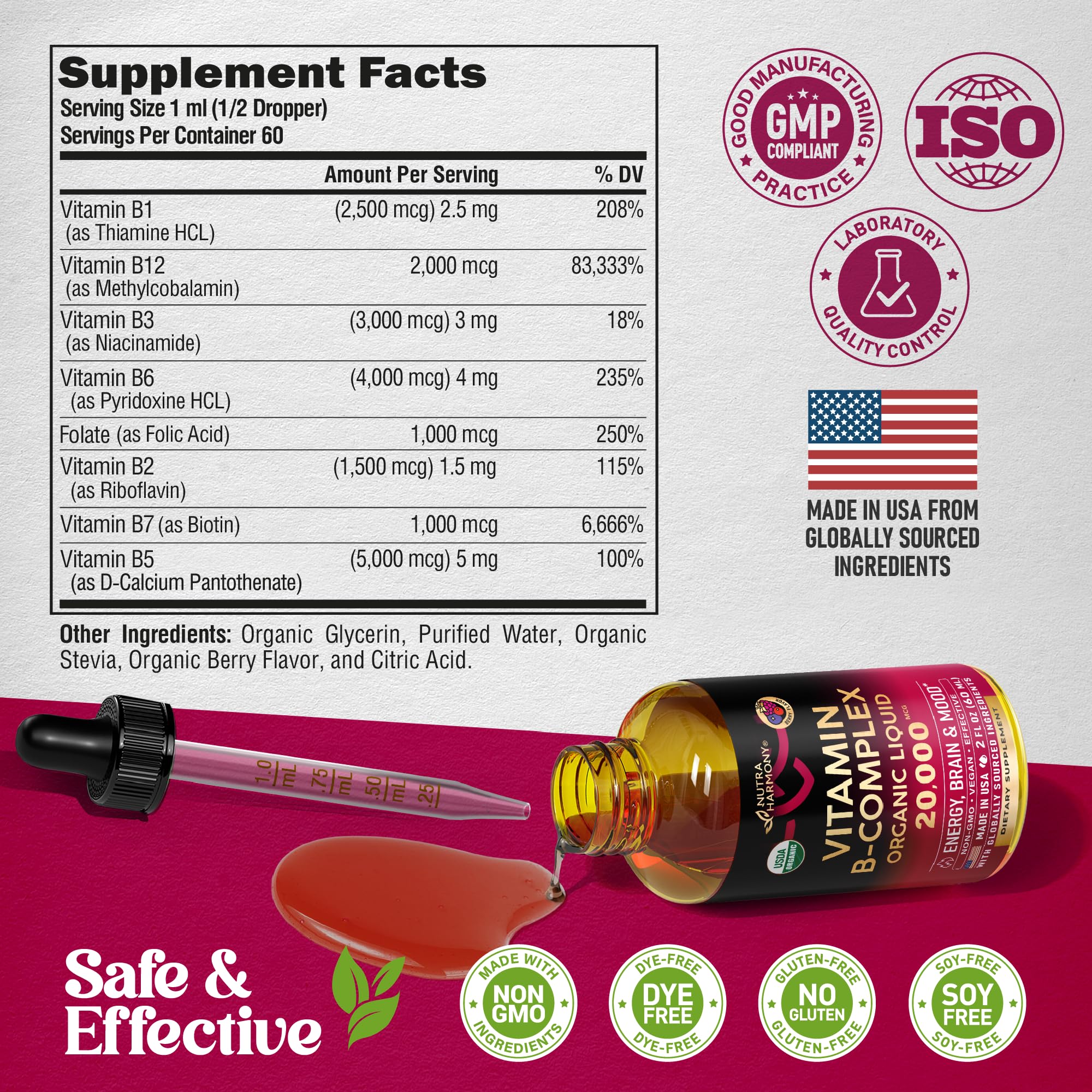 NutraHarmony B Complex Drops glass with label conveys trusted branding