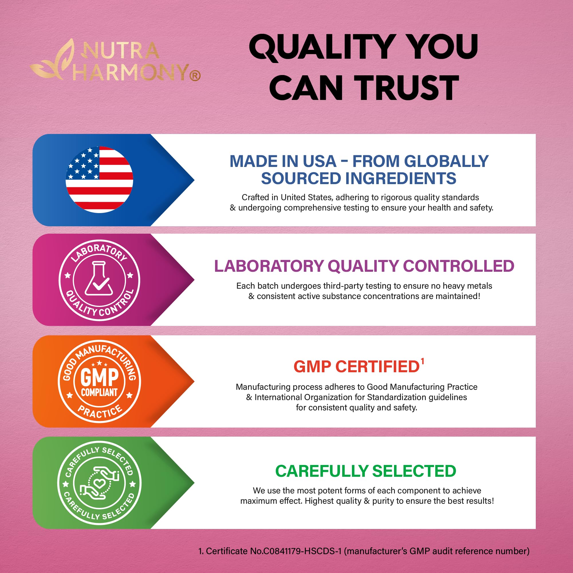 NUTRAHARMONY B-Complex GMP-facility badge signaling rigorous manufacturing standards.