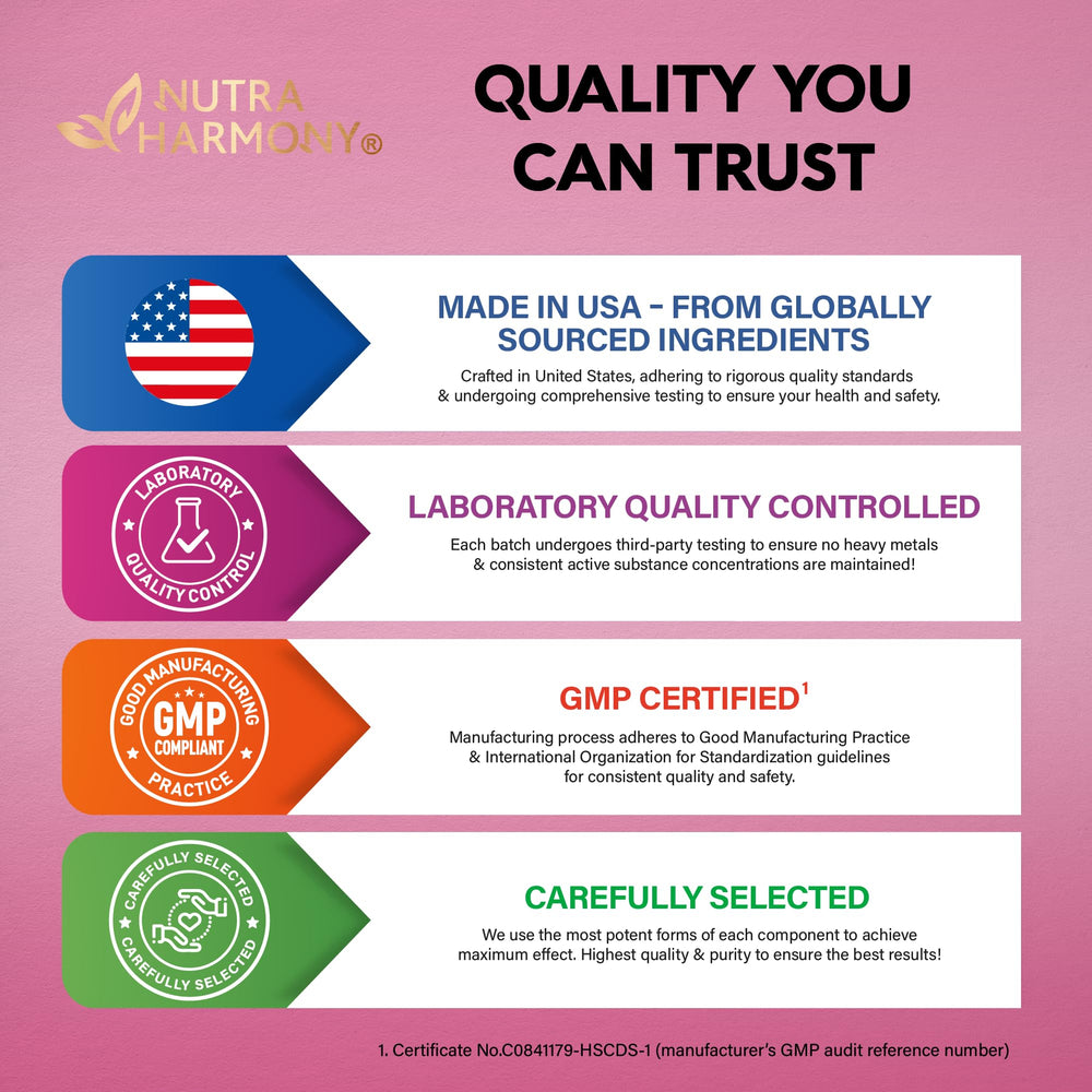 NUTRAHARMONY B-Complex GMP-facility badge signaling rigorous manufacturing standards.