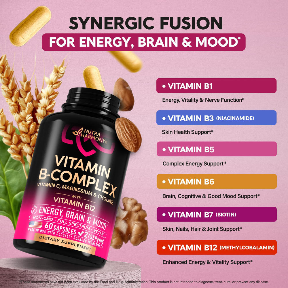 NUTRAHARMONY B-Complex ingredients-panel close view for informed supplement choice.