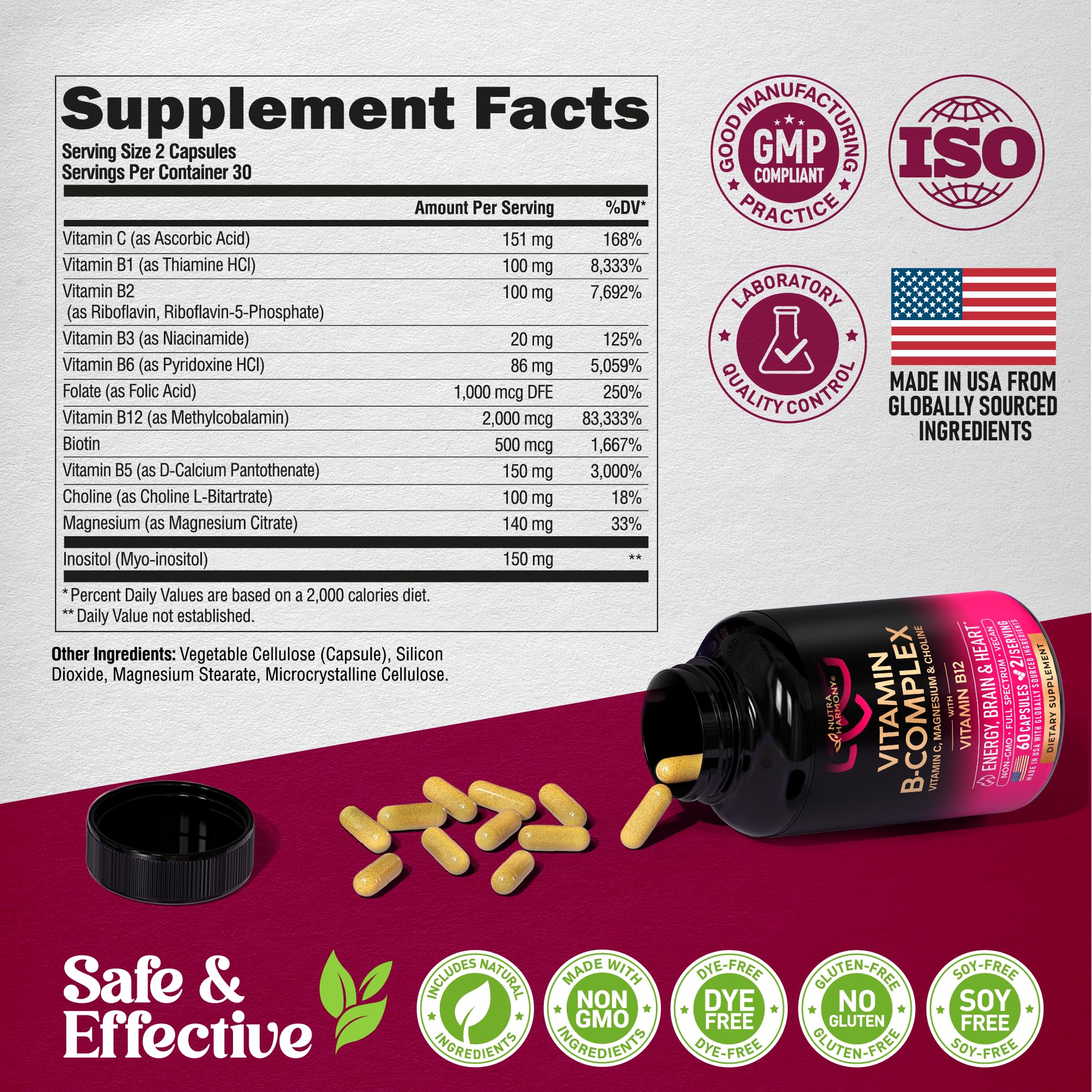 NUTRAHARMONY B-Complex made-in-usa-seal on packaging indicating quality.