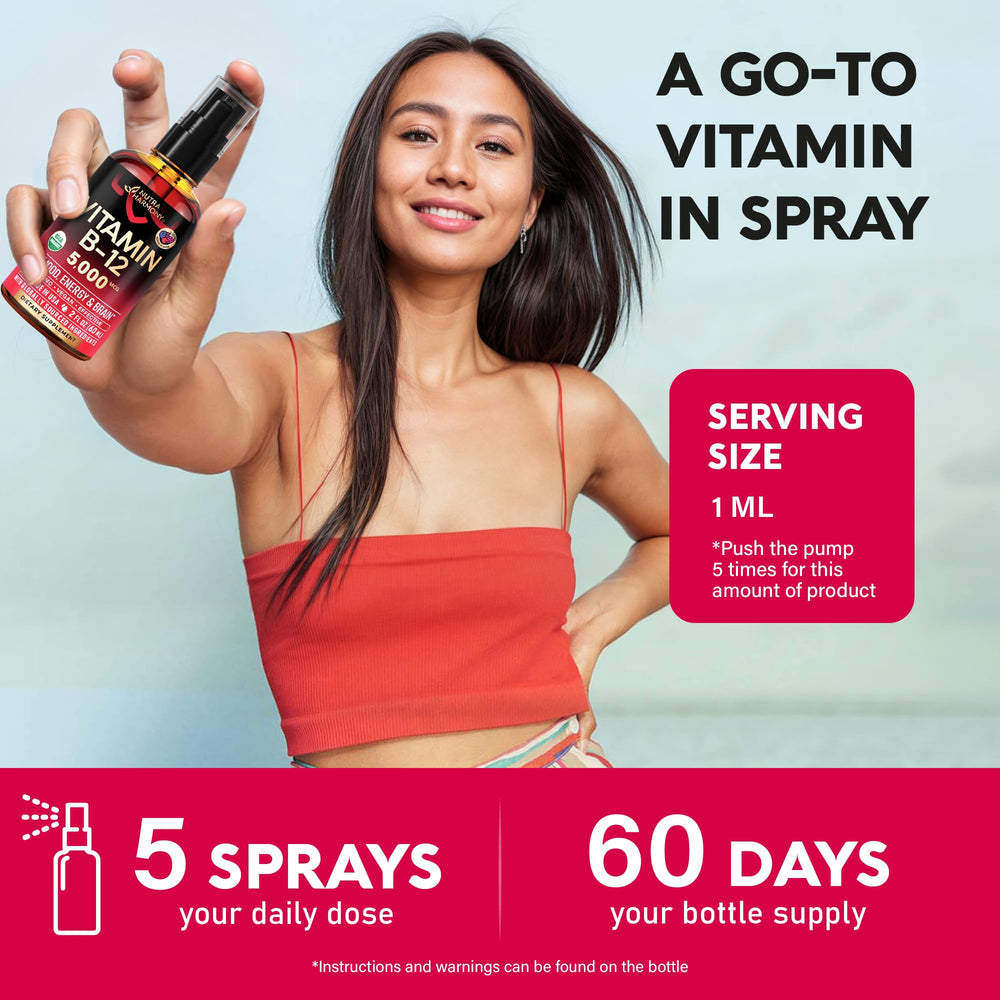 NUTRAHARMONY B12 spray applied on tongue demonstrates fast dosing and convenience