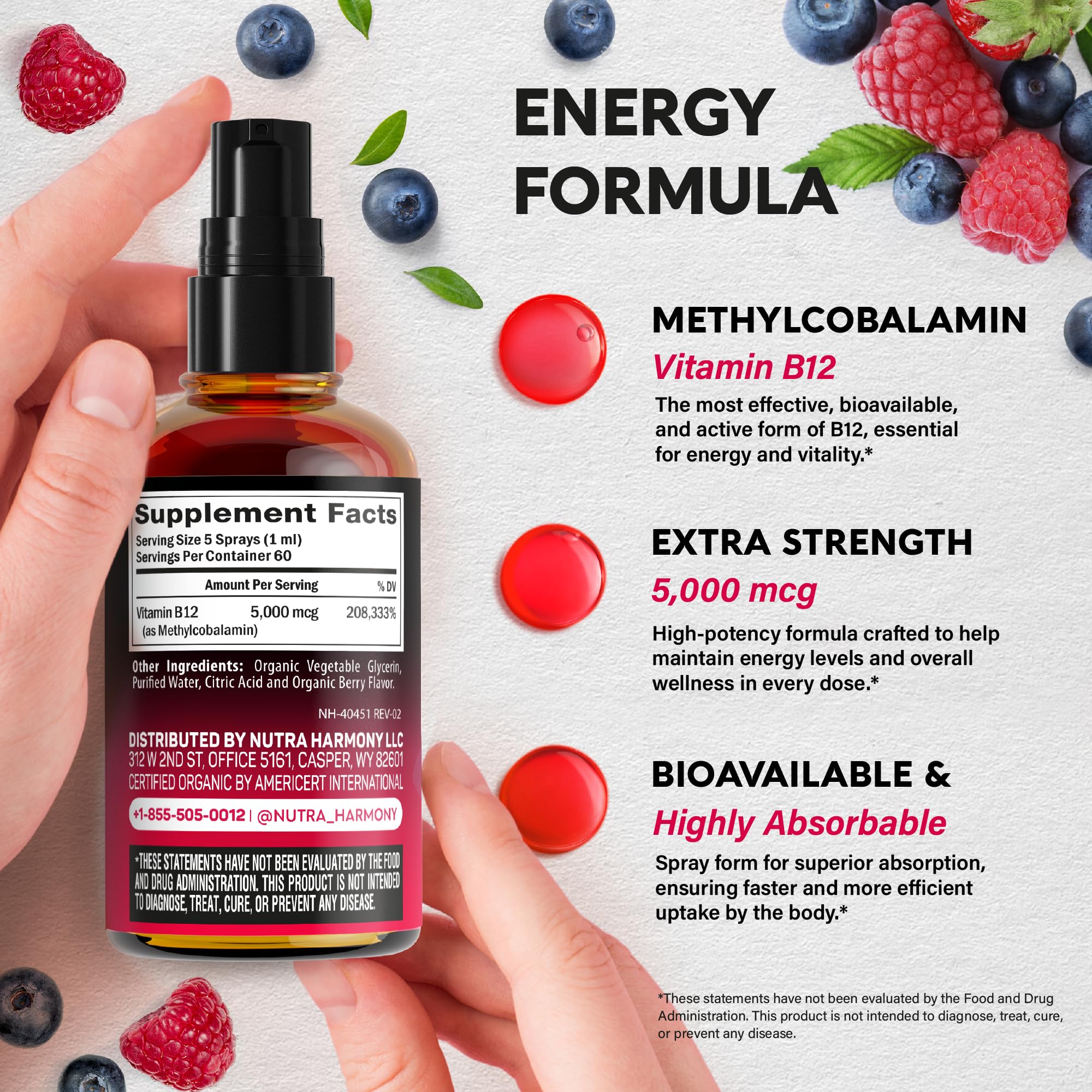 NUTRAHARMONY B12 bottle on white background for daily wellness visuals