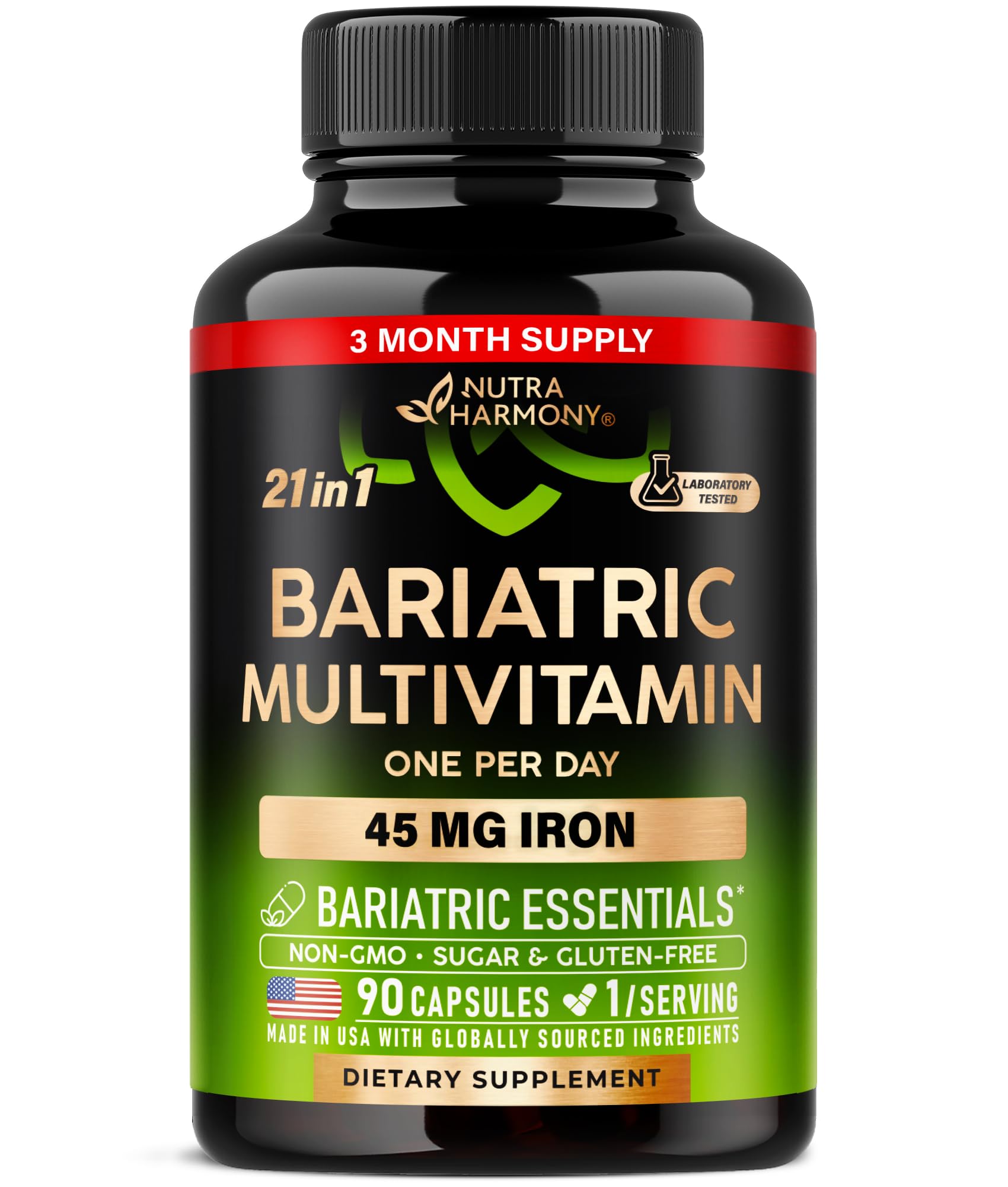 Nutraharmony bariatric multivitamin bottle with 90 capsules supports daily post surgery nutrition