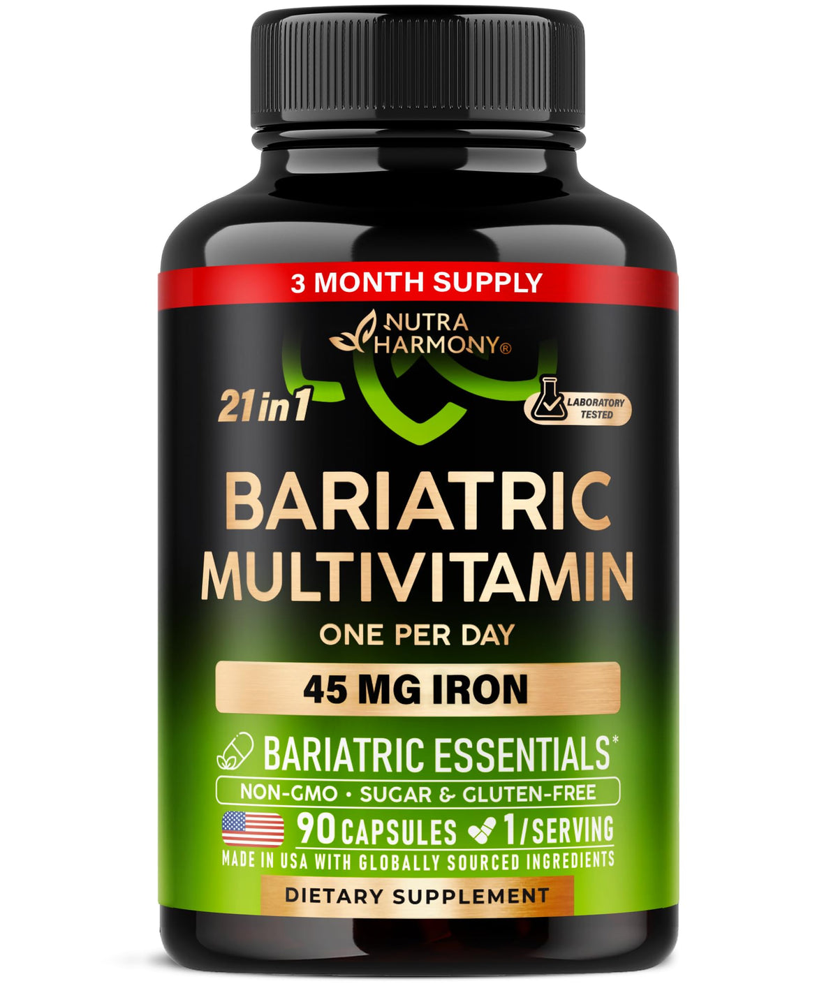 Nutraharmony bariatric multivitamin bottle with 90 capsules supports daily post surgery nutrition
