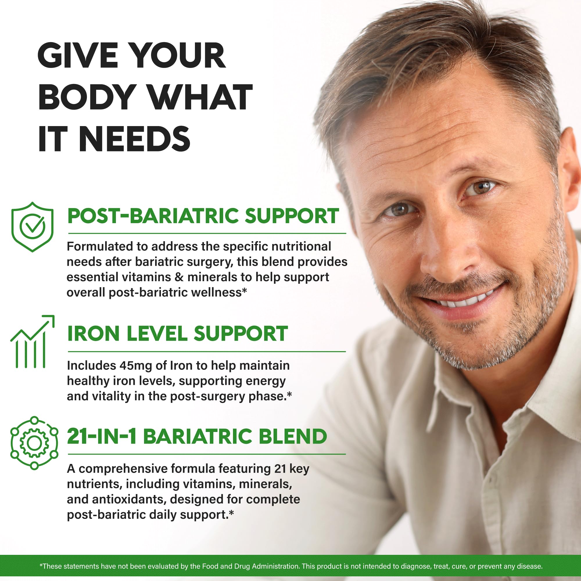 Nutraharmony bariatric multivitamin label closeup highlighting key nutrients