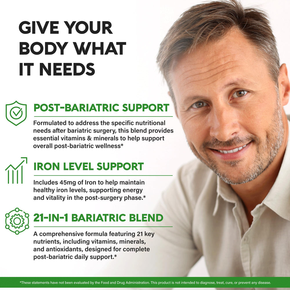 Nutraharmony bariatric multivitamin label closeup highlighting key nutrients