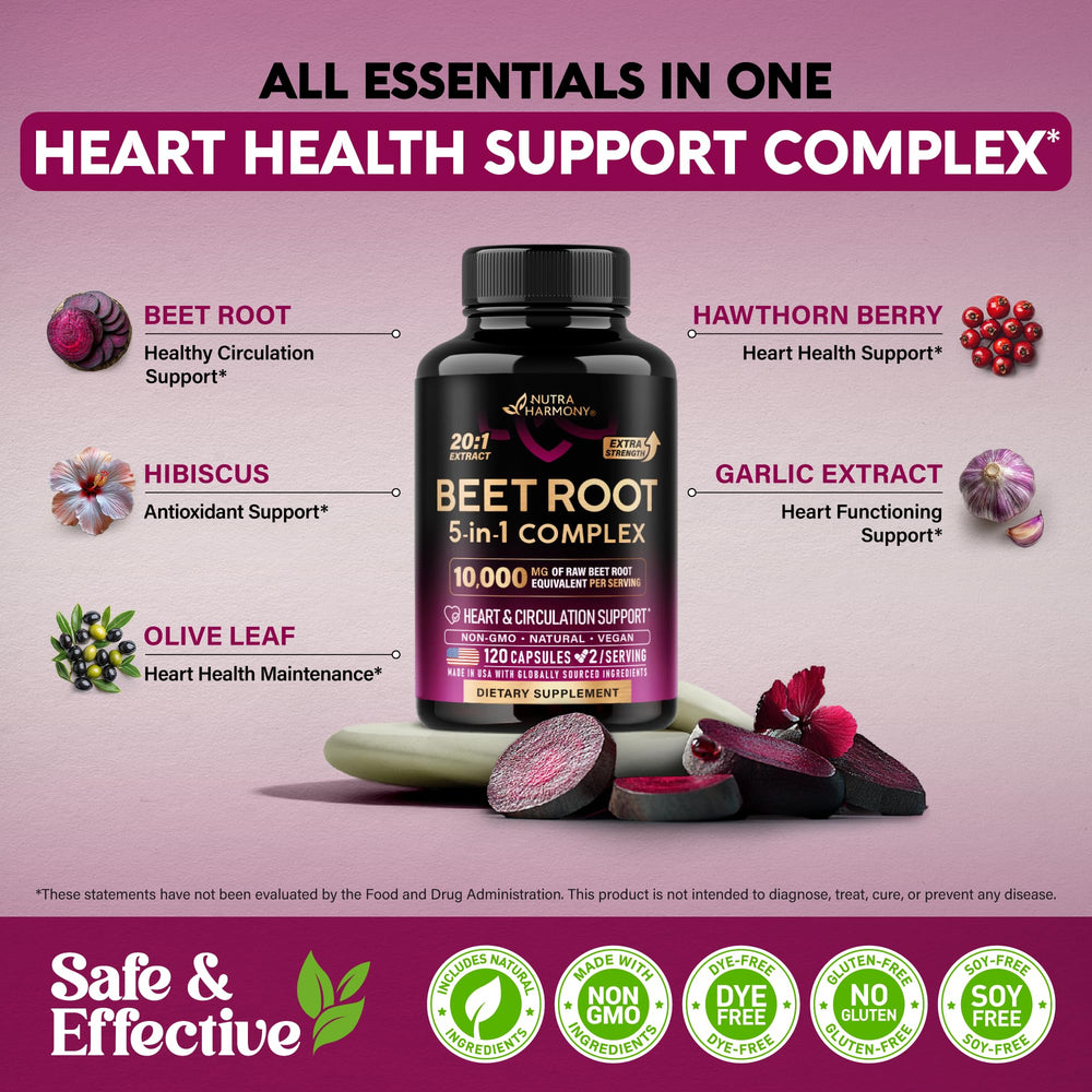 NutraHarmony Beet Root 5-in-1 capsules in hand for daily energy.