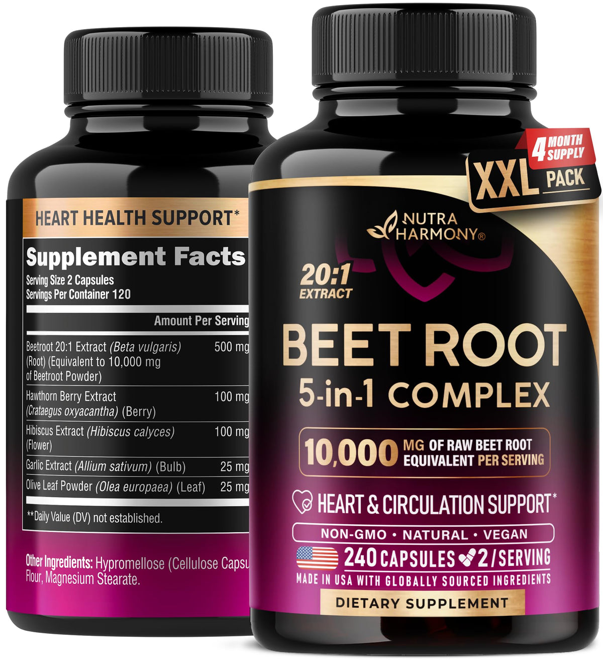 NutraHarmony Beet Root 5-in-1 capsules bottle for daily heart and circulation support