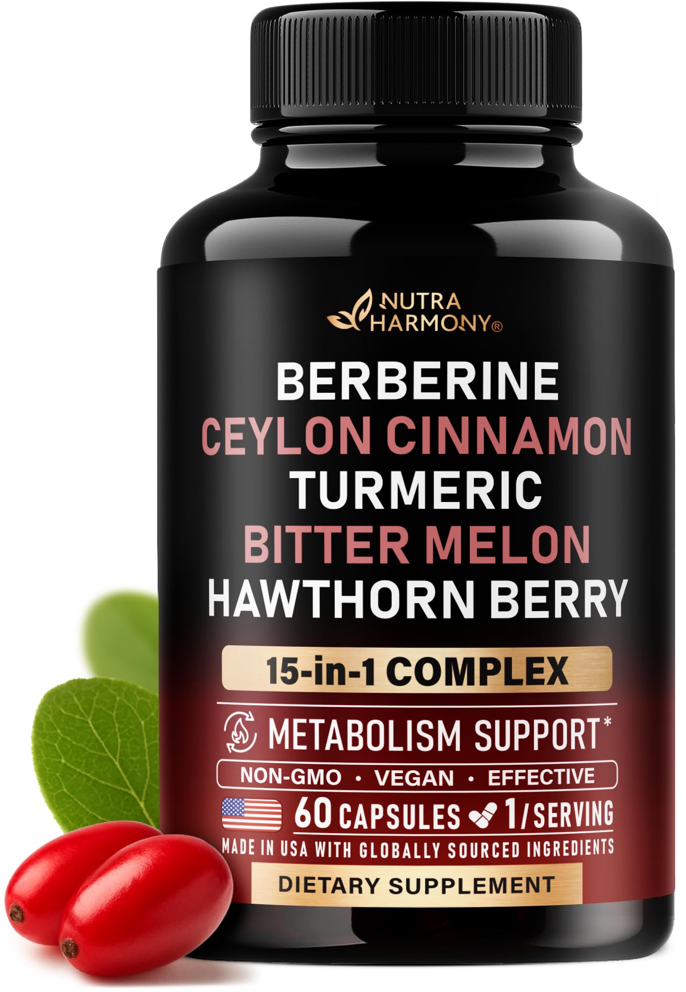 NutraHarmony berberine cinnamon bottle for metabolic balance.