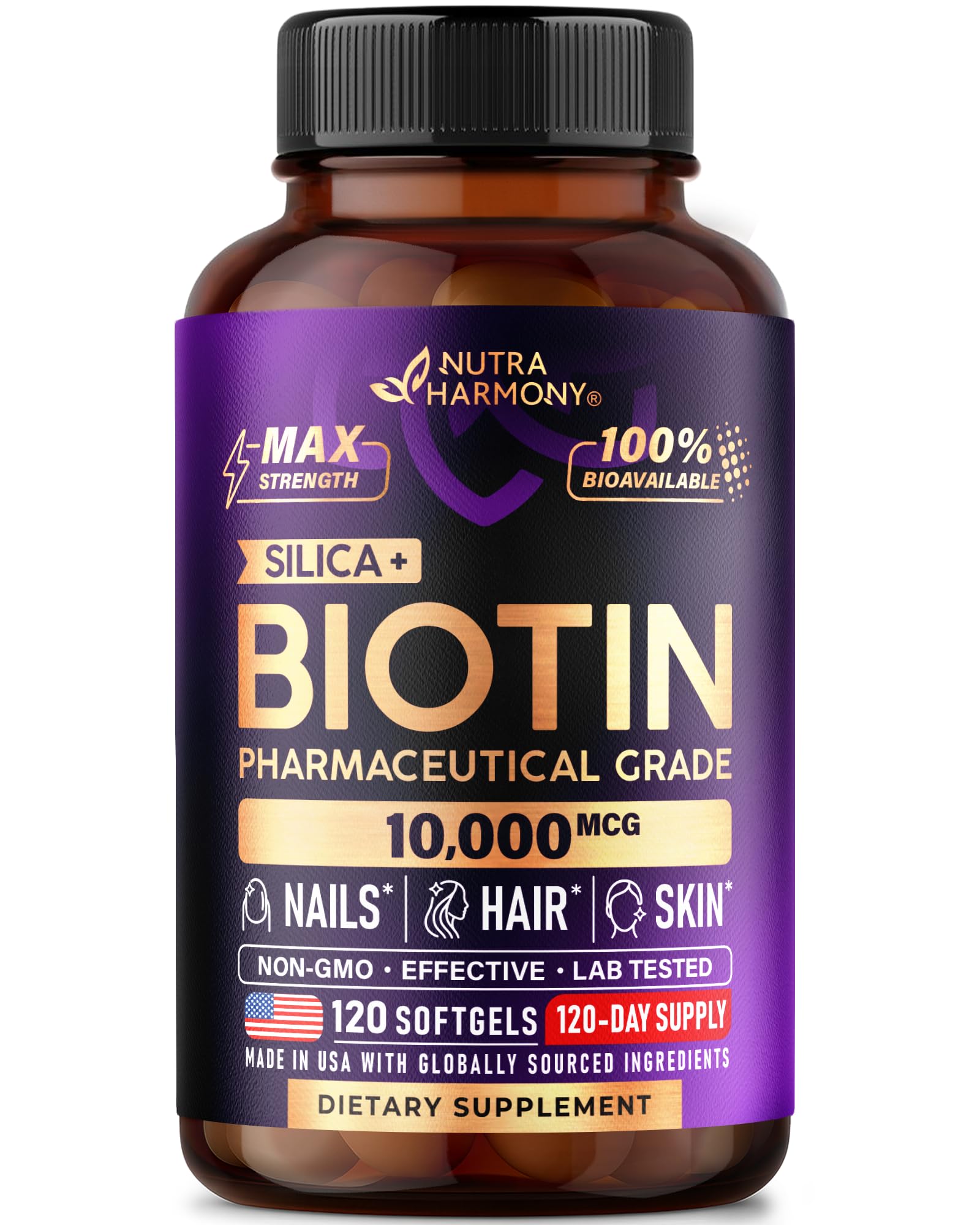 NUTRAHARMONY Biotin softgel bottle front supports hair, skin, and nails.