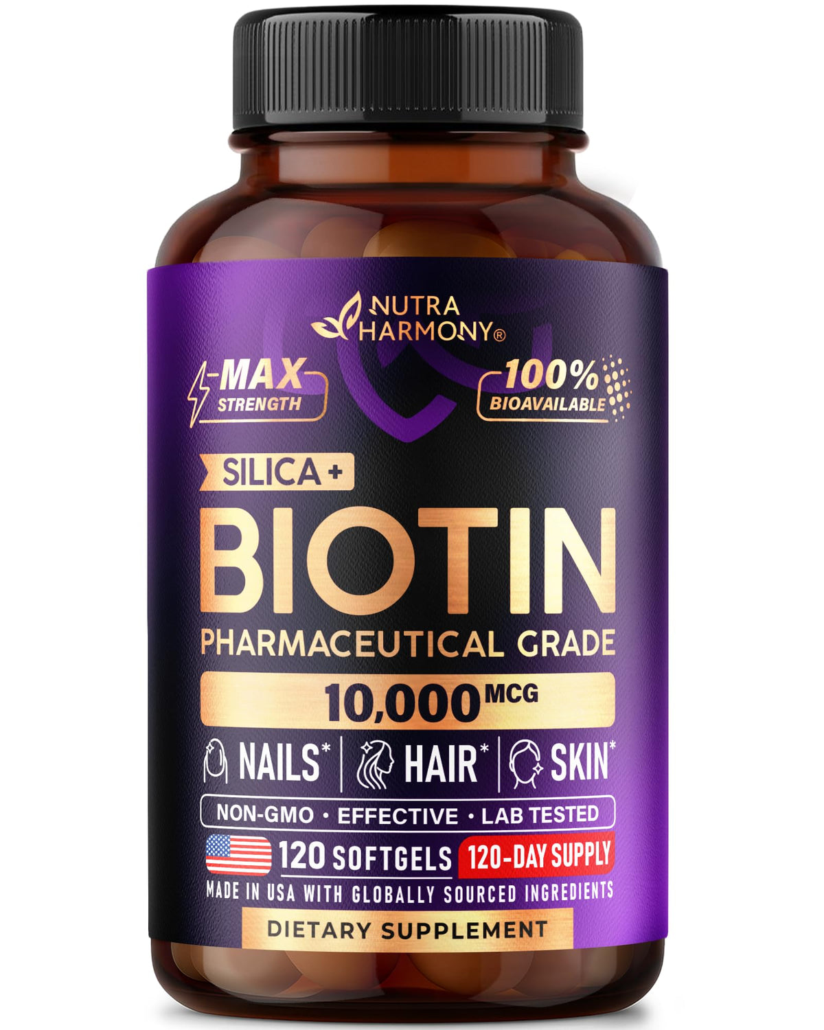 NUTRAHARMONY Biotin softgel bottle front supports hair, skin, and nails.