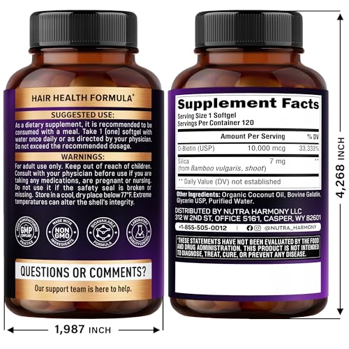 NUTRAHARMONY Biotin softgel pouring illustrates daily supplementation routine.