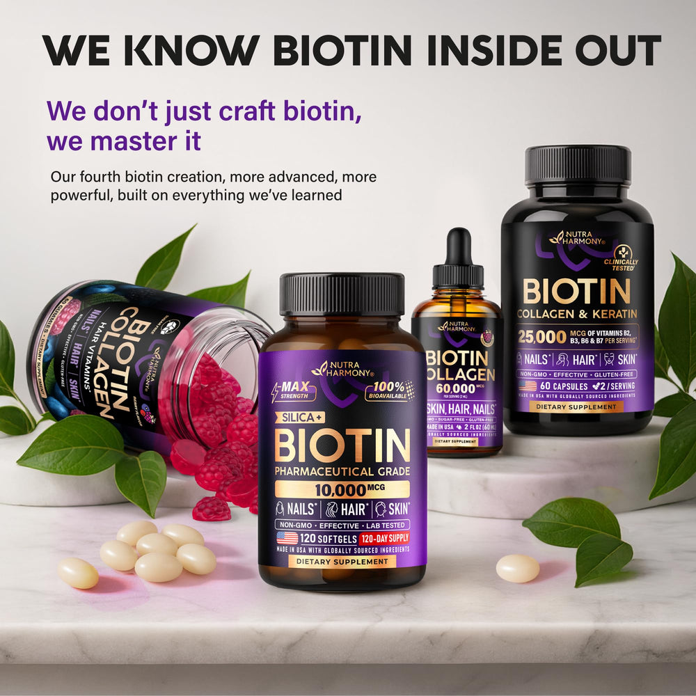 NUTRAHARMONY Biotin bottle packaging display reveals 120 softgels and duration.