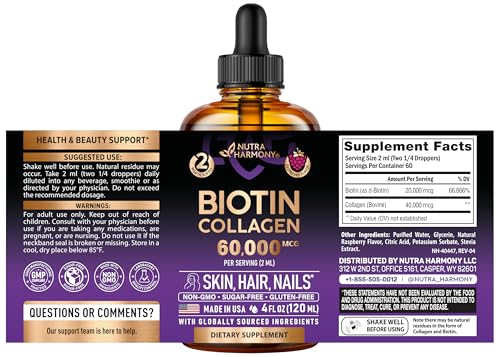 NutraHarmony biotin collagen drops pour demonstrates easy-to-dose daily use.