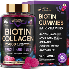NUTRAHARMONY Biotin Collagen gummies bottle with mixed berry flavor for hair support.