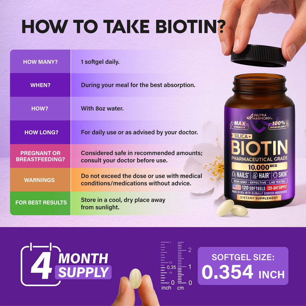 NUTRAHARMONY Biotin daily-dosing scene suggests routine use for consistency.