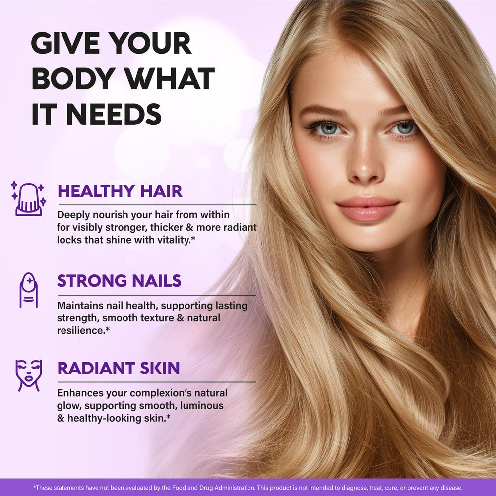 NUTRAHARMONY Biotin with silica bamboo extract graphic emphasizes elasticity and shine.