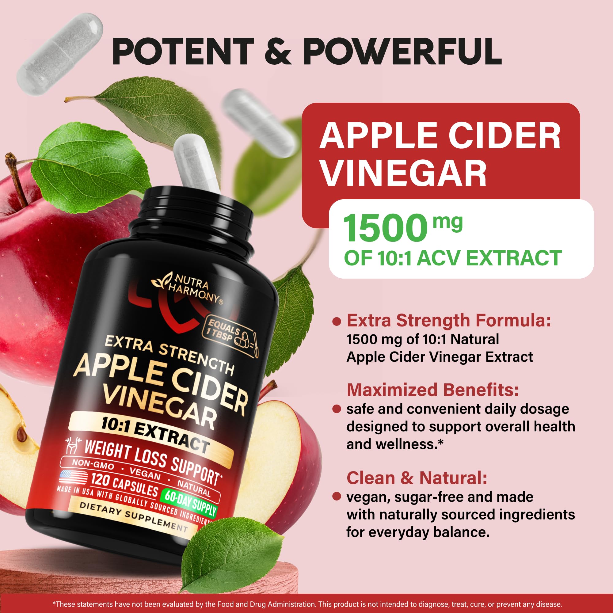 NutraHarmony capsules closeup highlights concentrated 10:1 ACV extract.