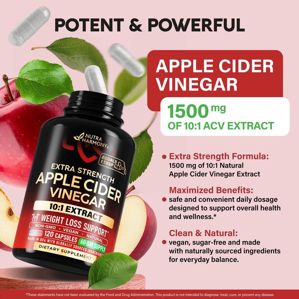 NutraHarmony capsules closeup highlights concentrated 10:1 ACV extract.
