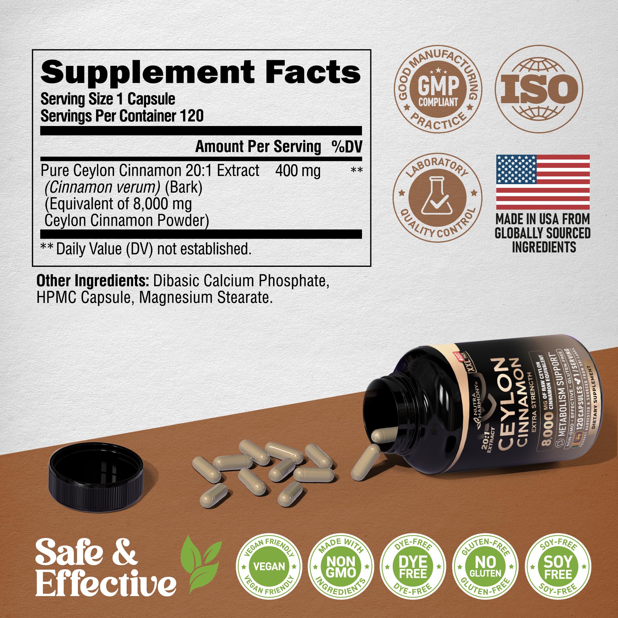 NutraHarmony Ceylon Cinnamon 20to1 extract bottle signaling high potency.