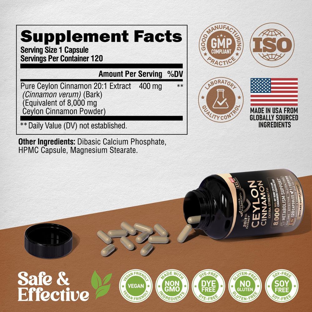 NutraHarmony Ceylon Cinnamon 20to1 extract bottle signaling high potency.